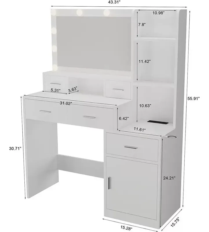 TOCADOR DE MAQUILLAJE MODERNO CON ESPEJO LED Y PORTASECADORA - 3