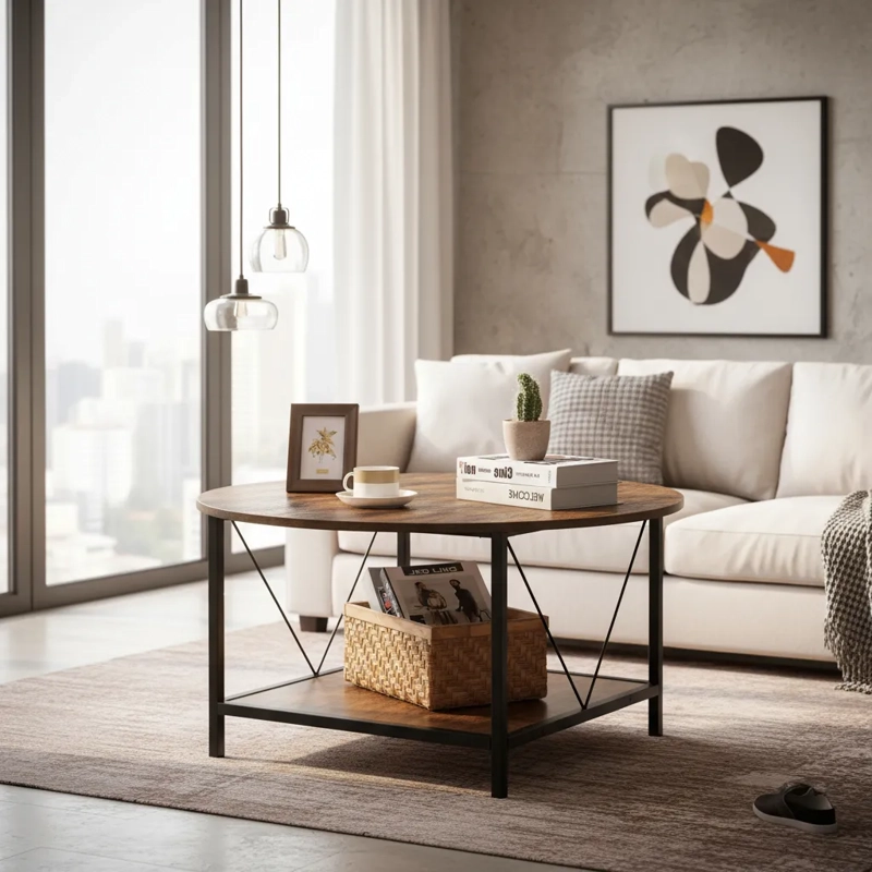 MESA DE CENTRO LATERAL LIVING REDONDA DOBLE NIVELES - MARRON OSCURO - 4