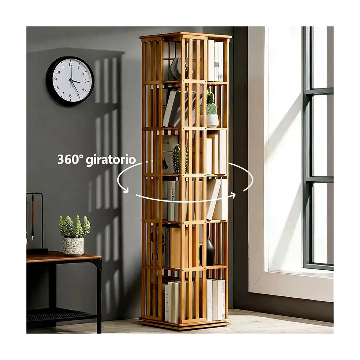 LIBRERO GIRATORIO 360 DE BAMBU CON ESTANTES 37X37X178CM BAMBU - 2