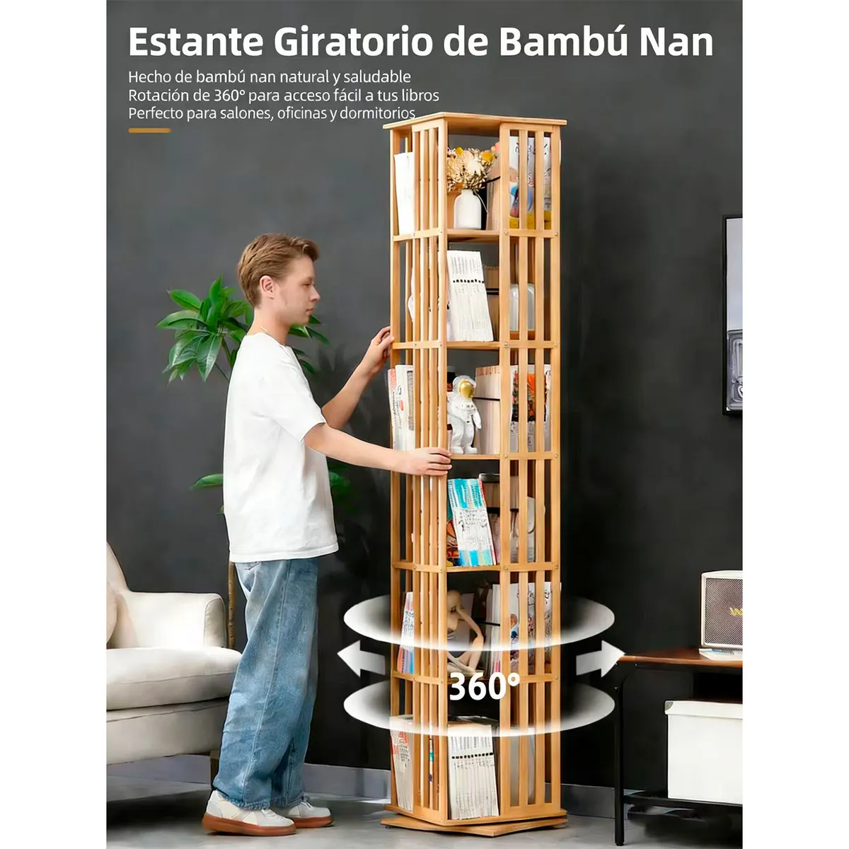LIBRERO GIRATORIO 360 DE BAMBU CON ESTANTES 37X37X178CM BAMBU - 3
