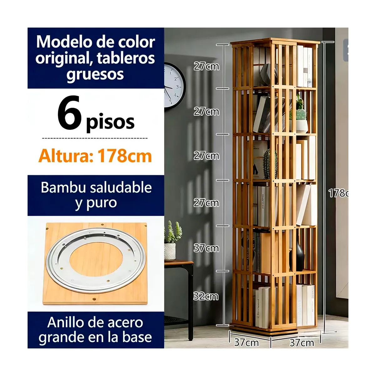 LIBRERO GIRATORIO 360 DE BAMBU CON ESTANTES 37X37X178CM BAMBU - 4