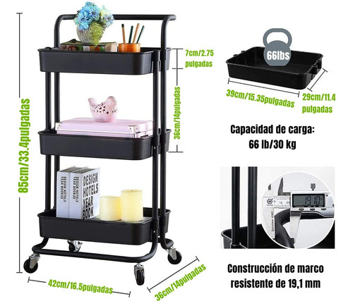 CARRO ESTANTE ORGANIZADOR MULTIUSO CON 3 NIVELES Y RUEDAS NEGRO - 3
