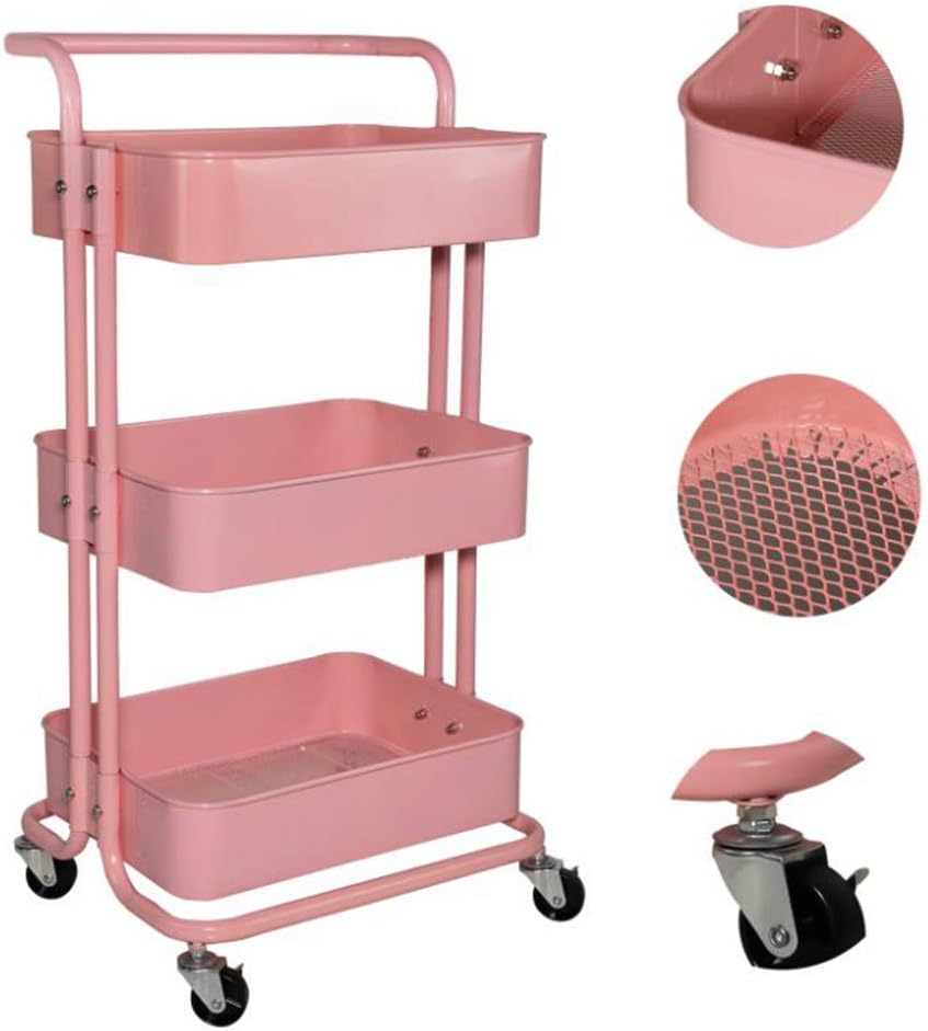 CARRITO ORGANIZADOR CON RUEDAS DE METAL DE 3NIVELES CON ASA COLOR ROSA - 1