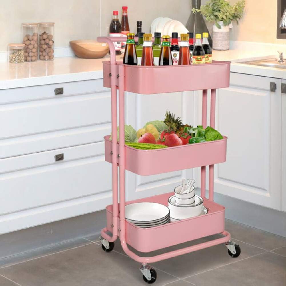 CARRITO ORGANIZADOR CON RUEDAS DE METAL DE 3NIVELES CON ASA COLOR ROSA - 5