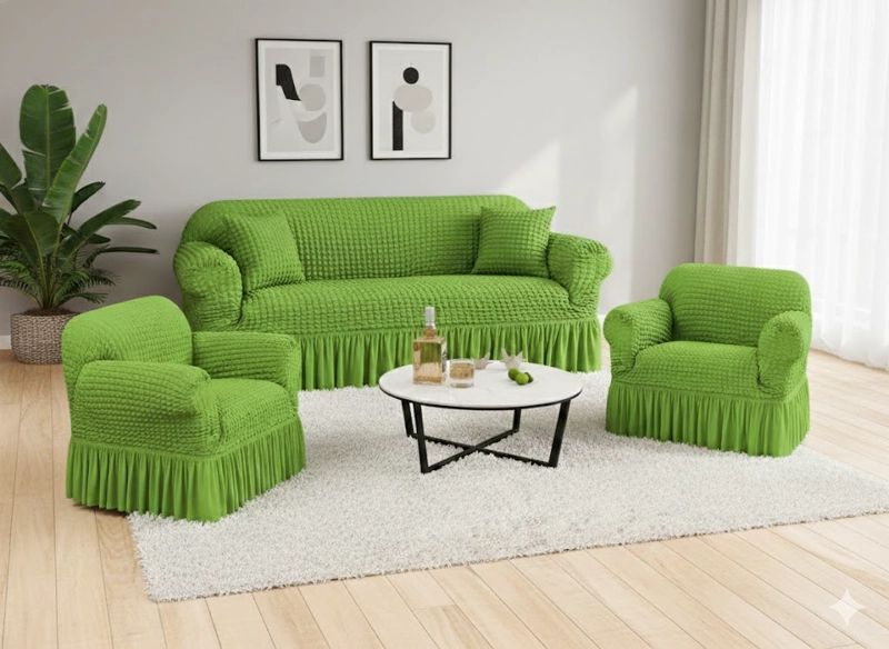 FUNDA SILLON ESTILO TURCO 3+1+1 UNICOLOR SET DE 3 FUNDAS COLOR VERDE - 1