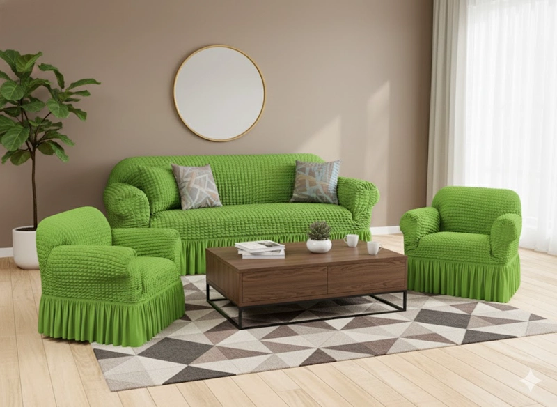 FUNDA SILLON ESTILO TURCO 3+1+1 UNICOLOR SET DE 3 FUNDAS COLOR VERDE - 2