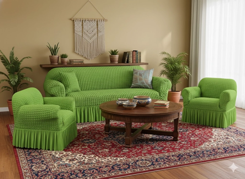 FUNDA SILLON ESTILO TURCO 3+1+1 UNICOLOR SET DE 3 FUNDAS COLOR VERDE - 3