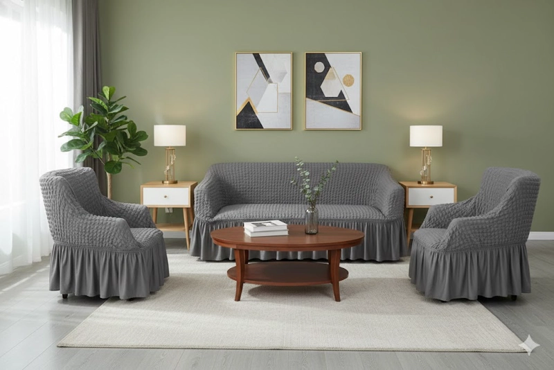 FUNDA SILLON ESTILO TURCO 3+1+1 UNICOLOR SET DE 3 FUNDAS COLOR GRIS - 1