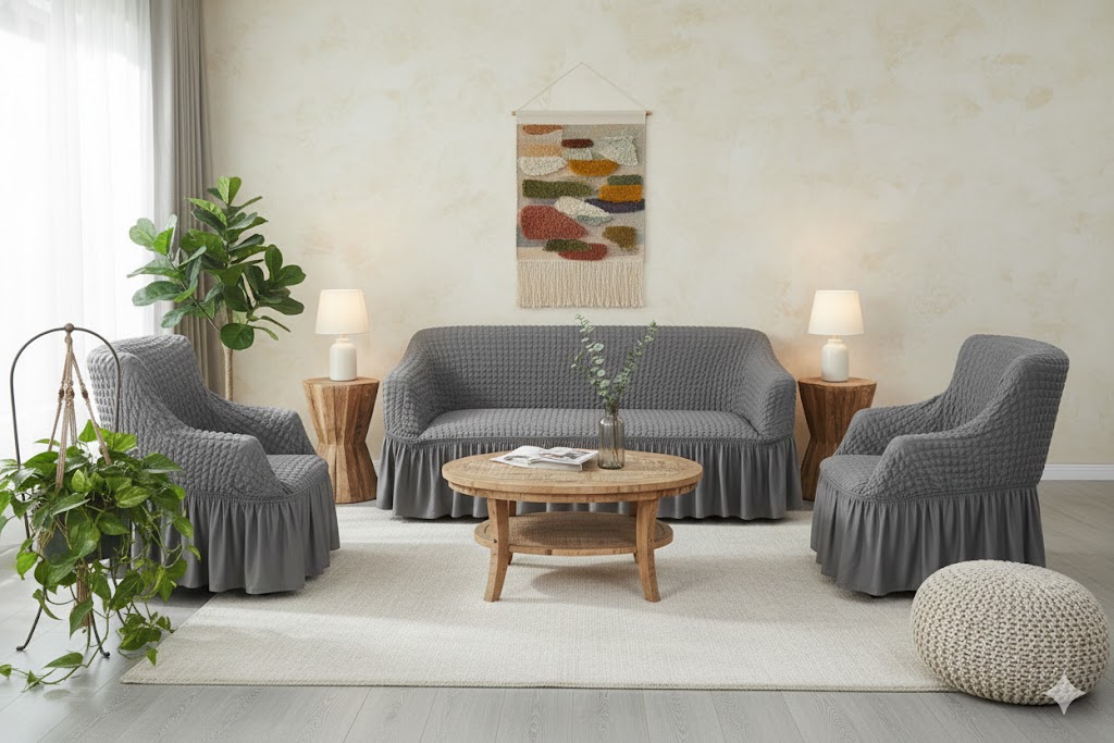 FUNDA SILLON ESTILO TURCO 3+1+1 UNICOLOR SET DE 3 FUNDAS COLOR GRIS - 4