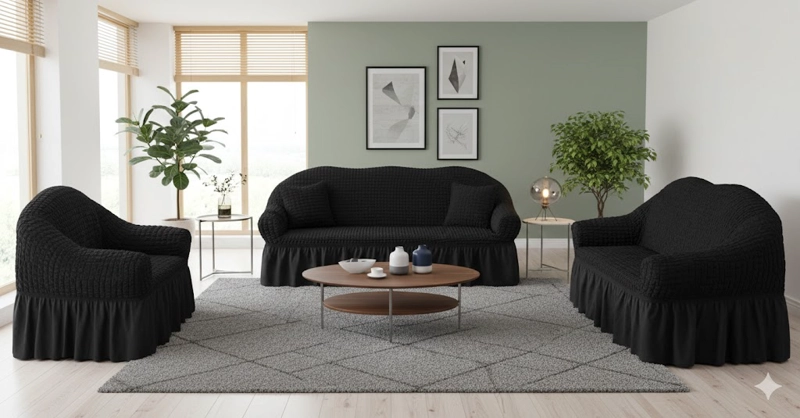 FUNDA SILLON ESTILO TURCO 3+1+1 UNICOLOR SET DE 3 FUNDAS COLOR NEGRO - 1