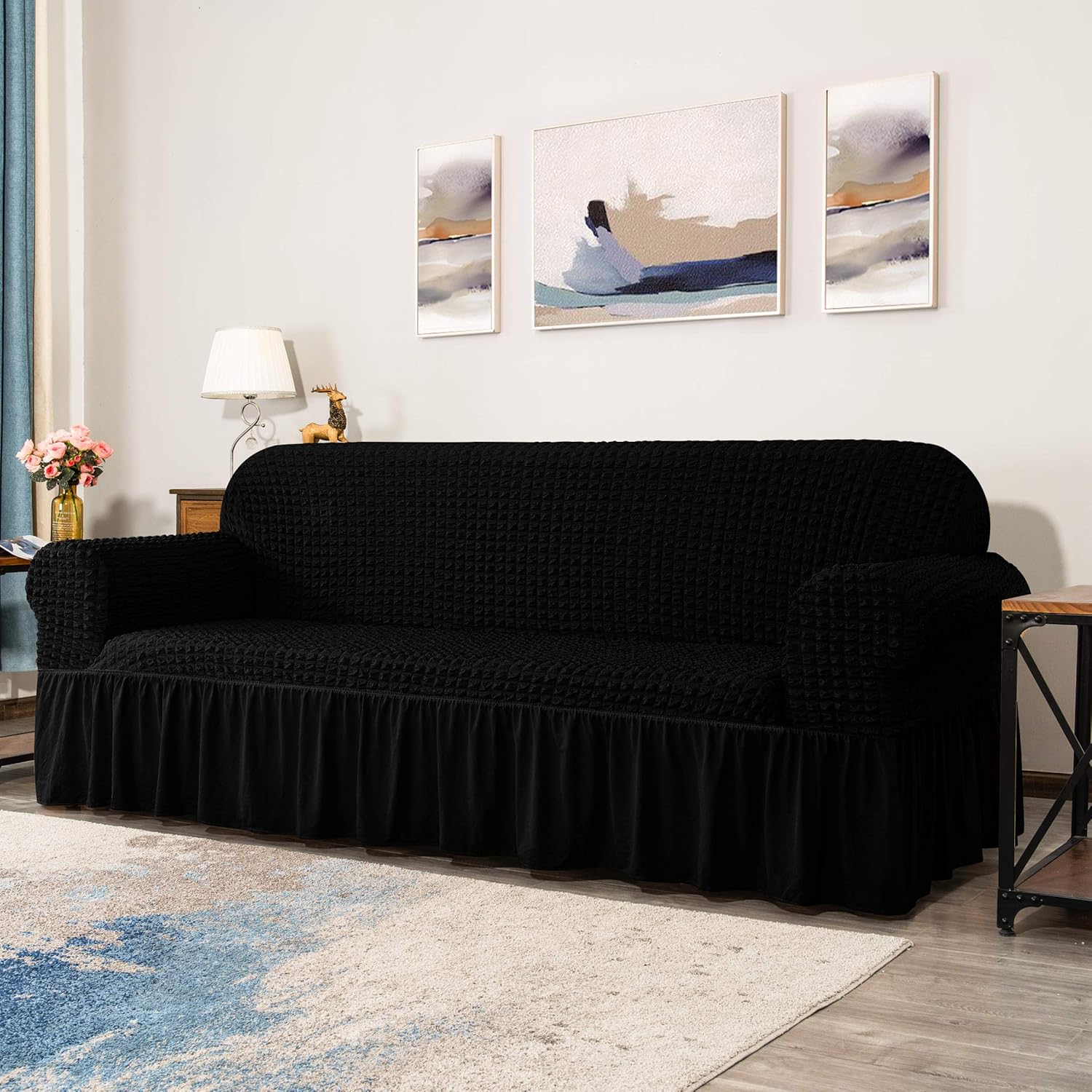 FUNDA SILLON ESTILO TURCO 3+1+1 UNICOLOR SET DE 3 FUNDAS COLOR NEGRO - 3
