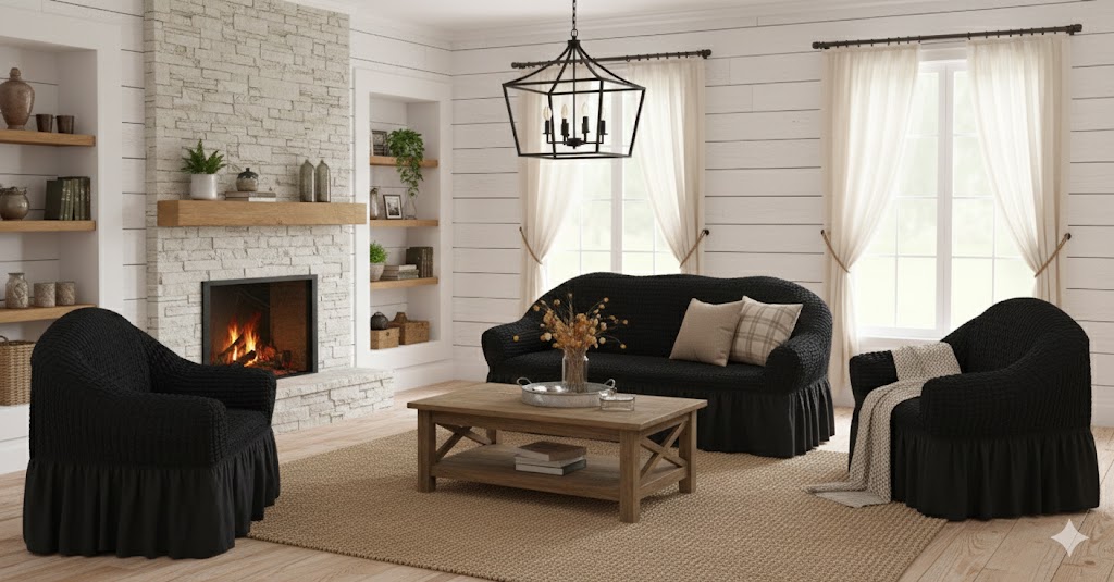 FUNDA SILLON ESTILO TURCO 3+1+1 UNICOLOR SET DE 3 FUNDAS COLOR NEGRO - 6