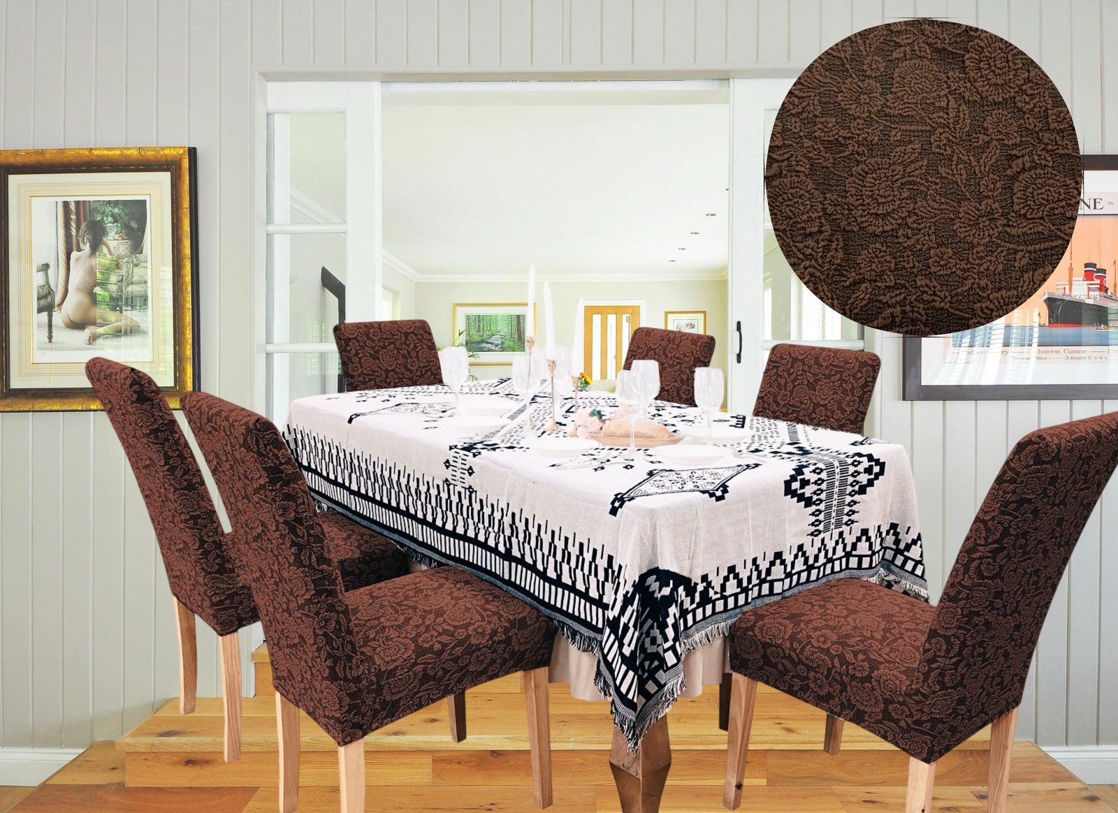 FUNDA PACK 6 CUBRE SILLA COMEDOR FLORES CAFÉ - 1