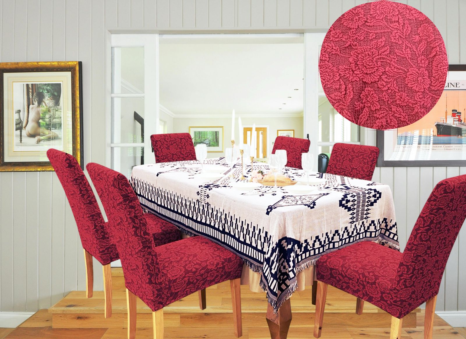 FUNDA PACK 6 CUBRE SILLA COMEDOR FLORES BURDEO - 1