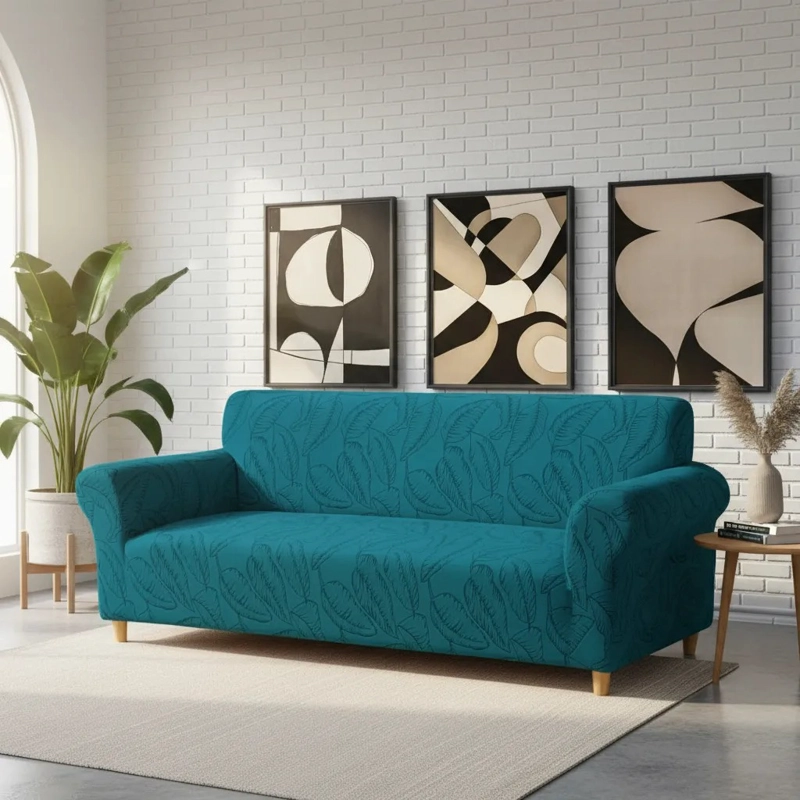 FUNDA SILLON ELASTIZADO 4 CUERPO 230CM/300CM COLOR BURDEO DISEÑO HOJAS - 2