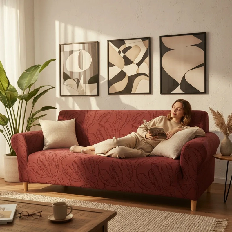 FUNDA SILLON ELASTIZADO 4 CUERPO 230CM/300CM COLOR BURDEO DISEÑO HOJAS - 3