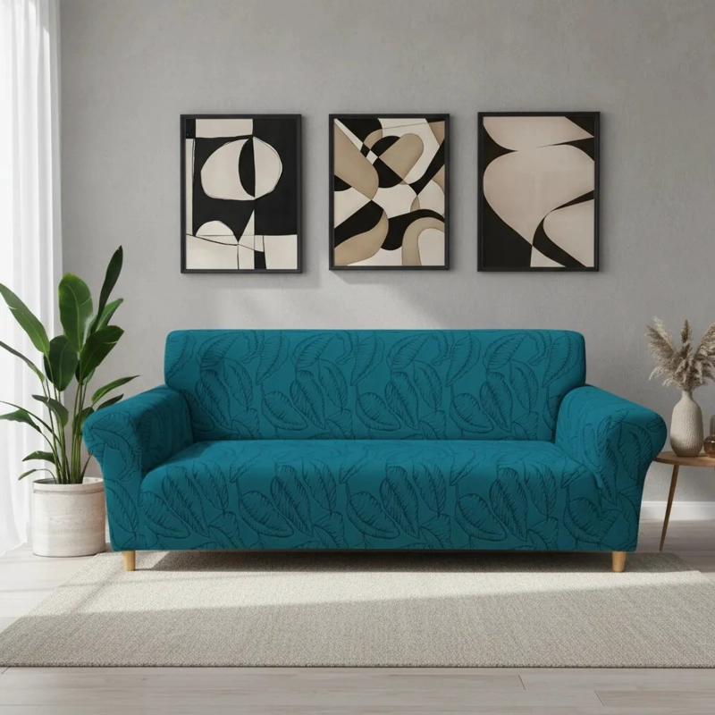 FUNDA SILLON ELASTIZADO 4 CUERPO 230CM/300CM COLOR BURDEO DISEÑO HOJAS - 3