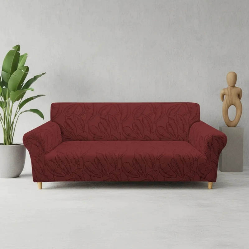 FUNDA SILLON ELASTIZADO 4 CUERPO 230CM/300CM COLOR BURDEO DISEÑO HOJAS - 5