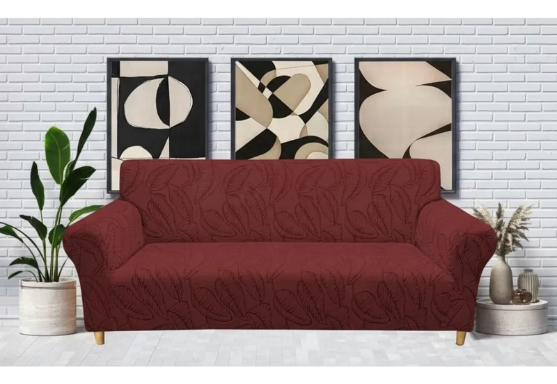 FUNDA SILLON ELASTIZADO 4 CUERPO 230CM/300CM COLOR BURDEO DISEÑO HOJAS - 6