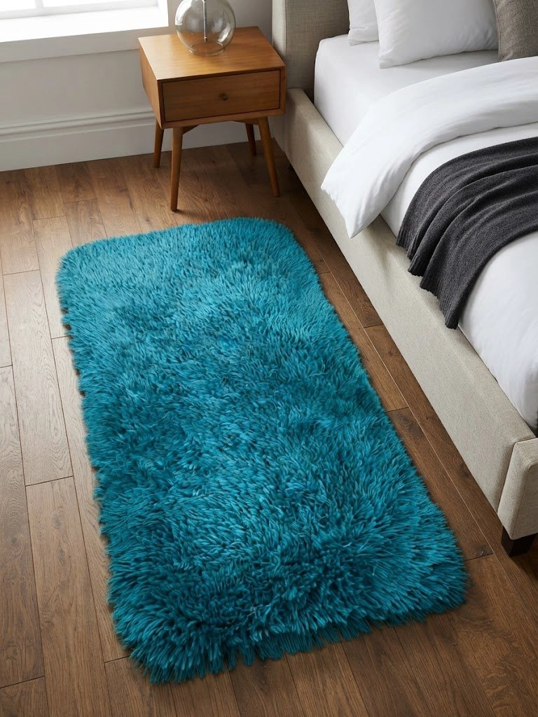 ALFOMBRA PELUDA DE ENTRADA O BAJADA DE CAMA TIPO SHAGGY 50CM X 80CM UNICOLOR TURQUESA - 1
