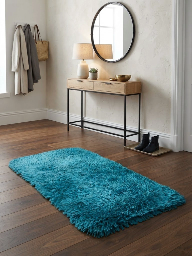 ALFOMBRA PELUDA DE ENTRADA O BAJADA DE CAMA TIPO SHAGGY 50CM X 80CM UNICOLOR TURQUESA - 2