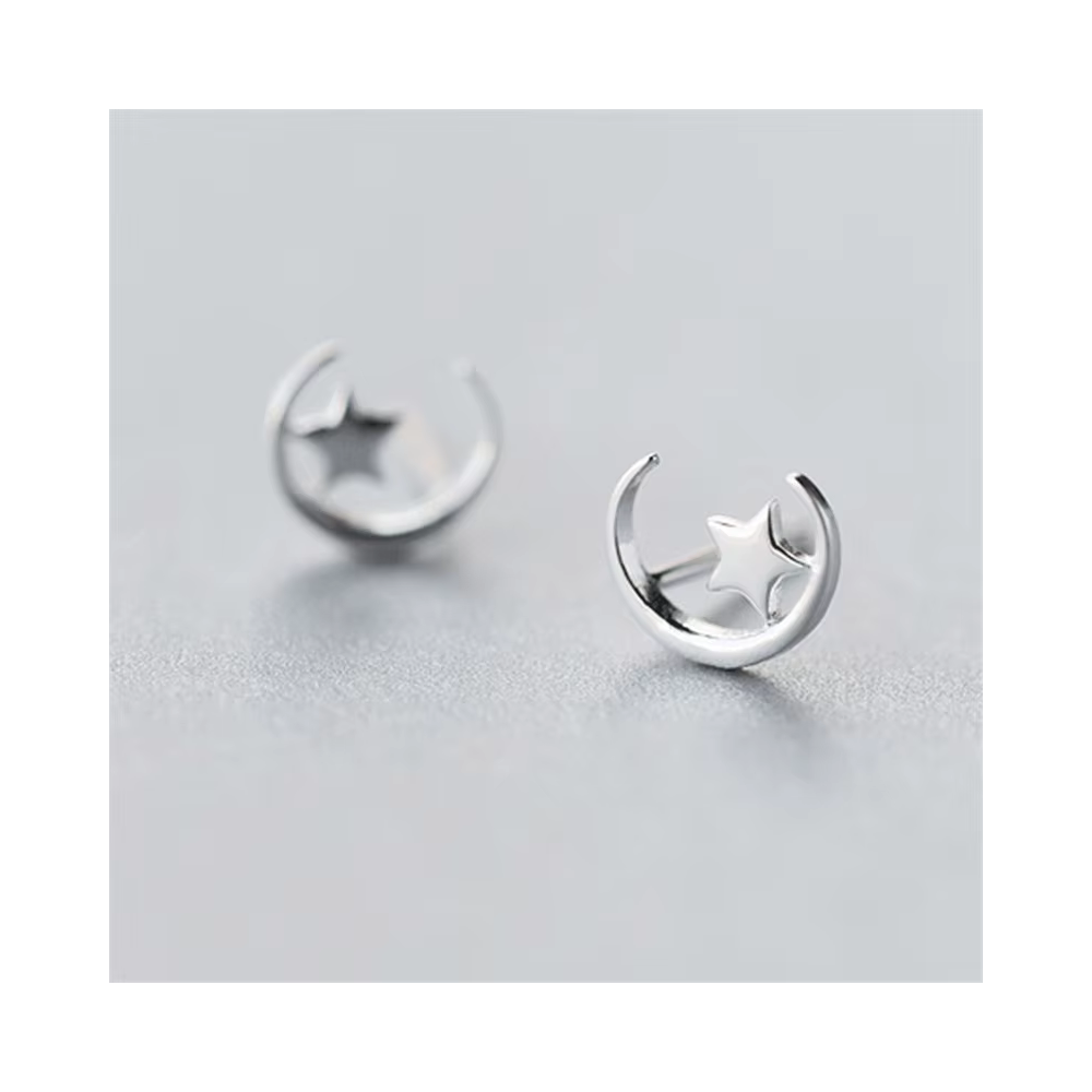 AROS FERSHOP DE PLATA FORMA DE LUNA Y ESTRELLA BRILLANTE - 2