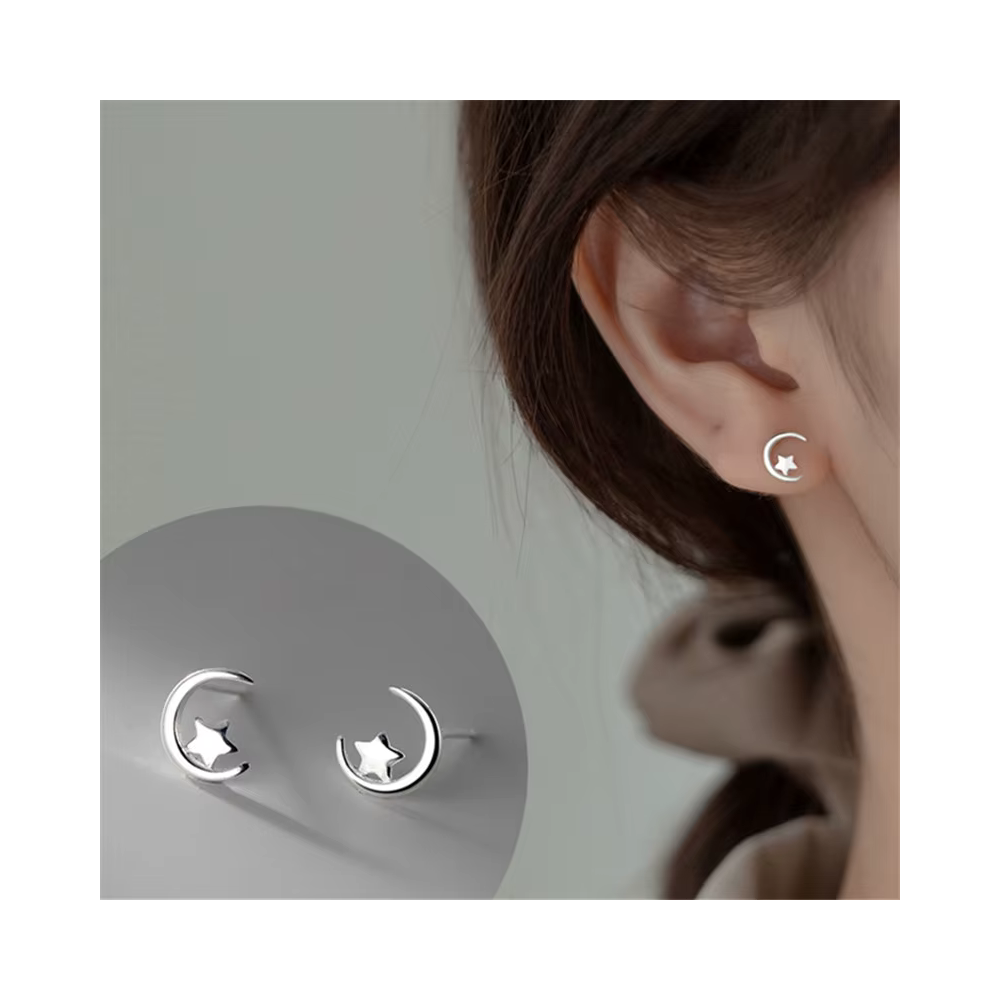 AROS FERSHOP DE PLATA FORMA DE LUNA Y ESTRELLA BRILLANTE - 3
