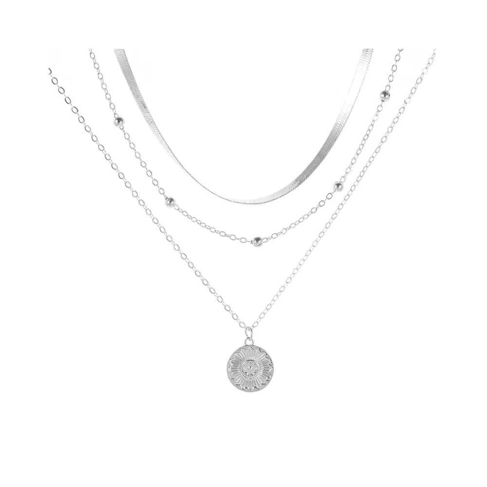 COLLAR ACERO PLATEADO 3 CAPAS CON COLGANTE CIRCULAR - 1