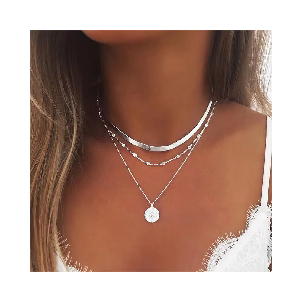 COLLAR ACERO PLATEADO 3 CAPAS CON COLGANTE CIRCULAR - 2