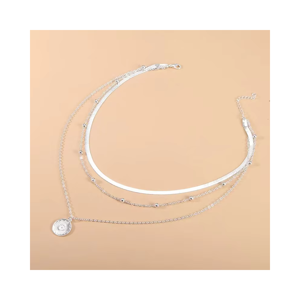 COLLAR ACERO PLATEADO 3 CAPAS CON COLGANTE CIRCULAR - 3