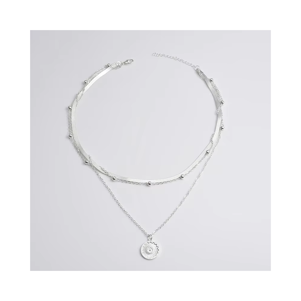 COLLAR ACERO PLATEADO 3 CAPAS CON COLGANTE CIRCULAR - 4