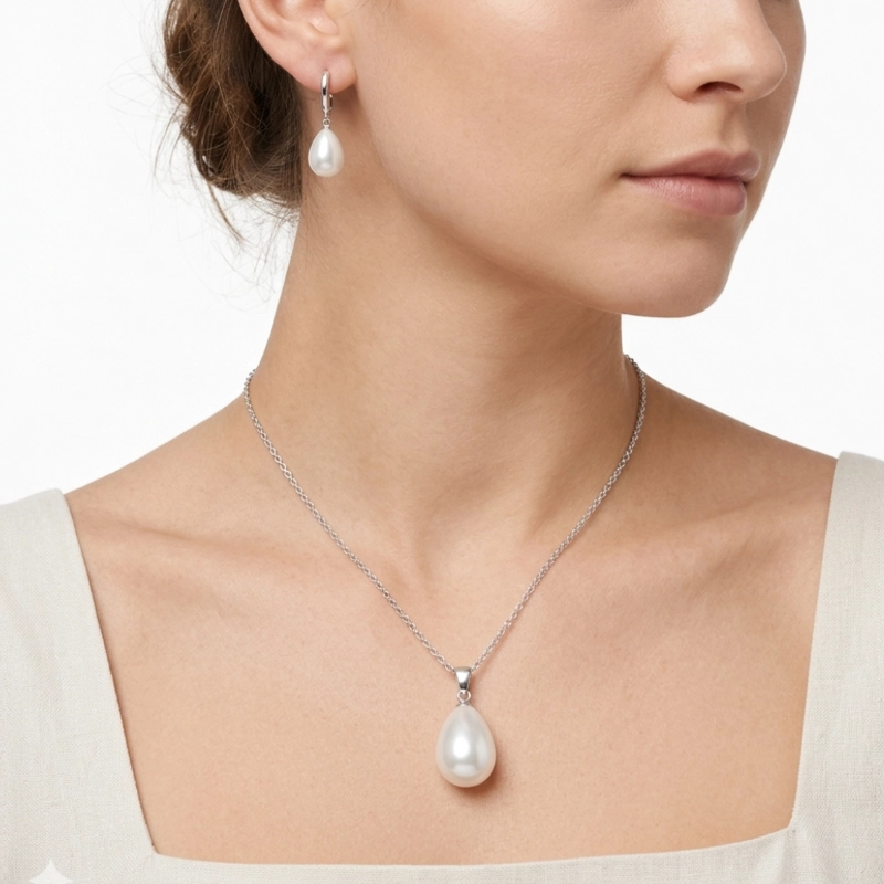 CONJUNTO COLLAR Y AROS CON PERLA GOTA DE AGUA - 3