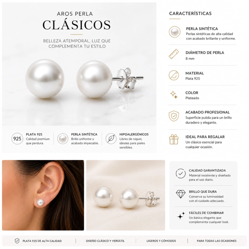 AROS PERLA 8 MM PLATA 925 - 5