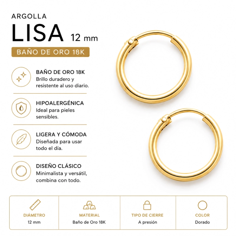 AROS ARGOLLA LISA 12 MM BAÑO DE ORO 18K - 5