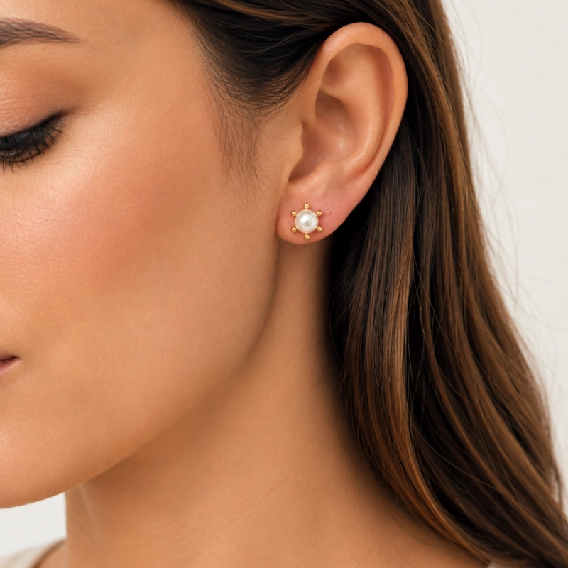 AROS CON PISTILO Y PERLA 8 MM BAÑO DE ORO 18K - 2
