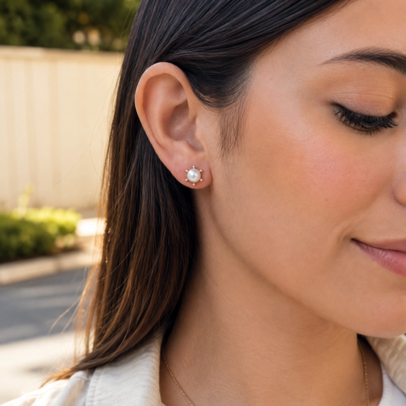 AROS CON PISTILO Y PERLA 8 MM BAÑO DE ORO 18K - 3