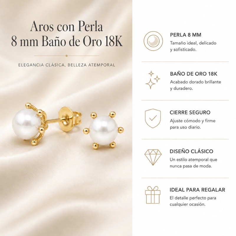 AROS CON PISTILO Y PERLA 8 MM BAÑO DE ORO 18K - 4