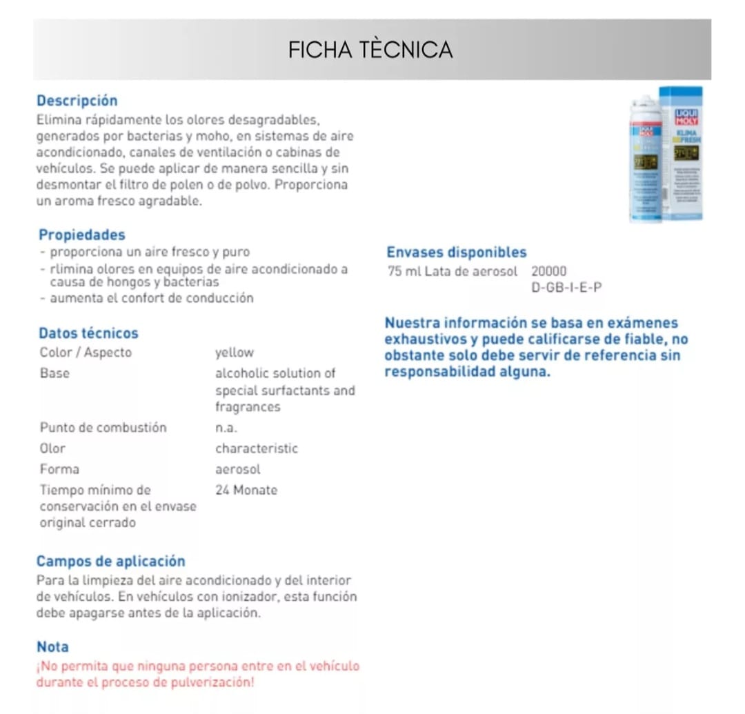 LIMPIADOR PARA AIRE ACONDICIONADO LIQUI MOLY 75ML KLIMA REFRESH - 2