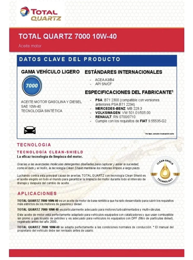 ACEITE DE MOTOR 10W40 TOTAL 4 LITROS DIESEL Y BENCINERO - 2