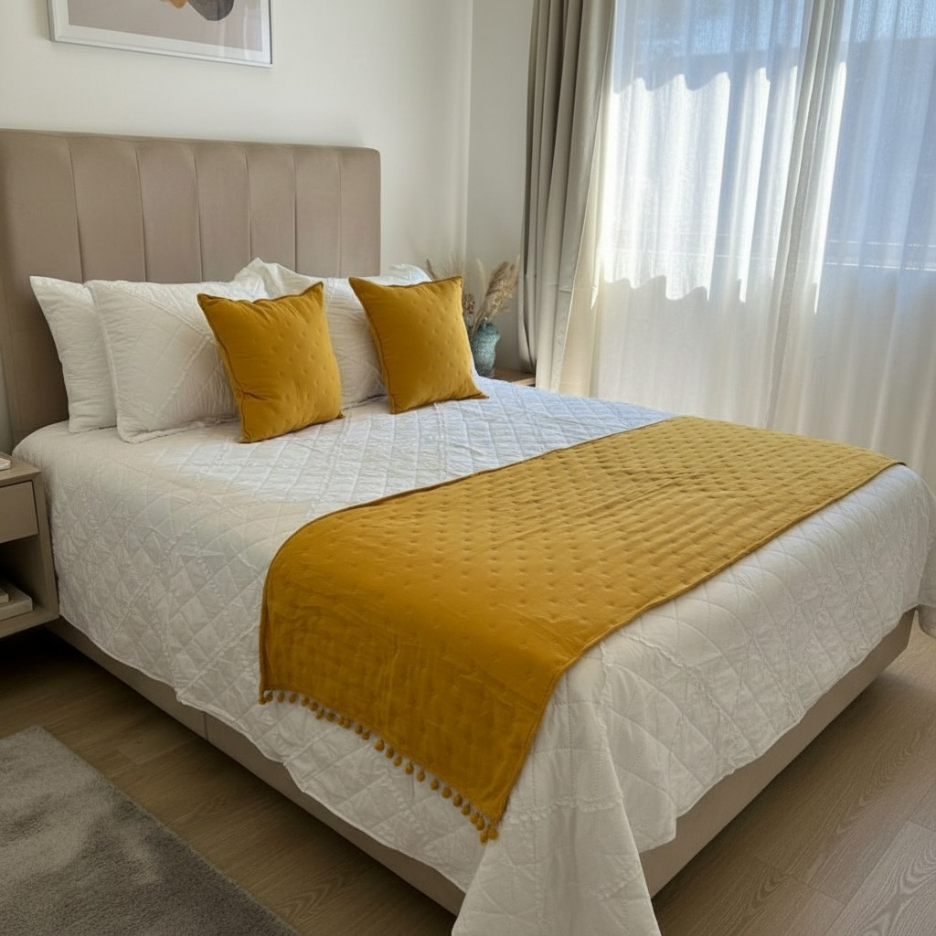 PIECERA TODOHOGARSANTIAGODECHILE POM-POM ALGODÓN MOSTAZA + 2 FUNDAS 45X45 - 5