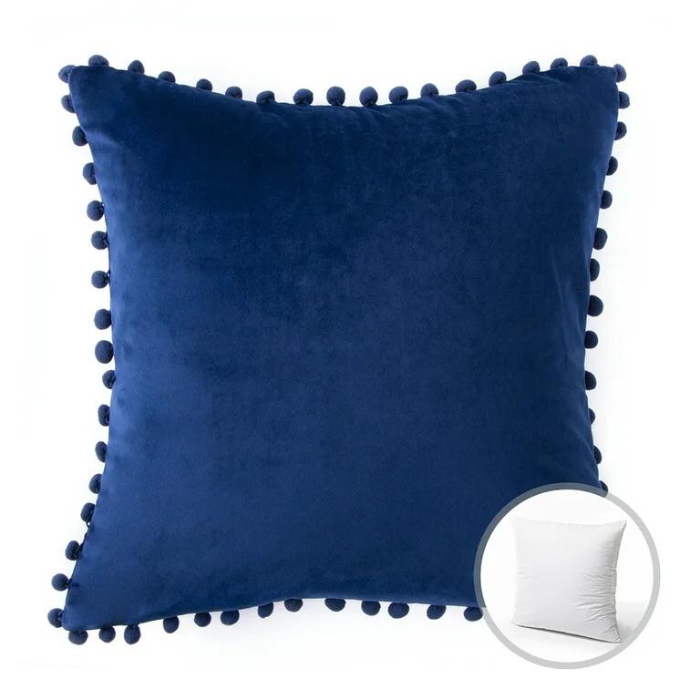 COJÍN TERCIOPELO CON POMPONES 45X45 - AZUL - 3