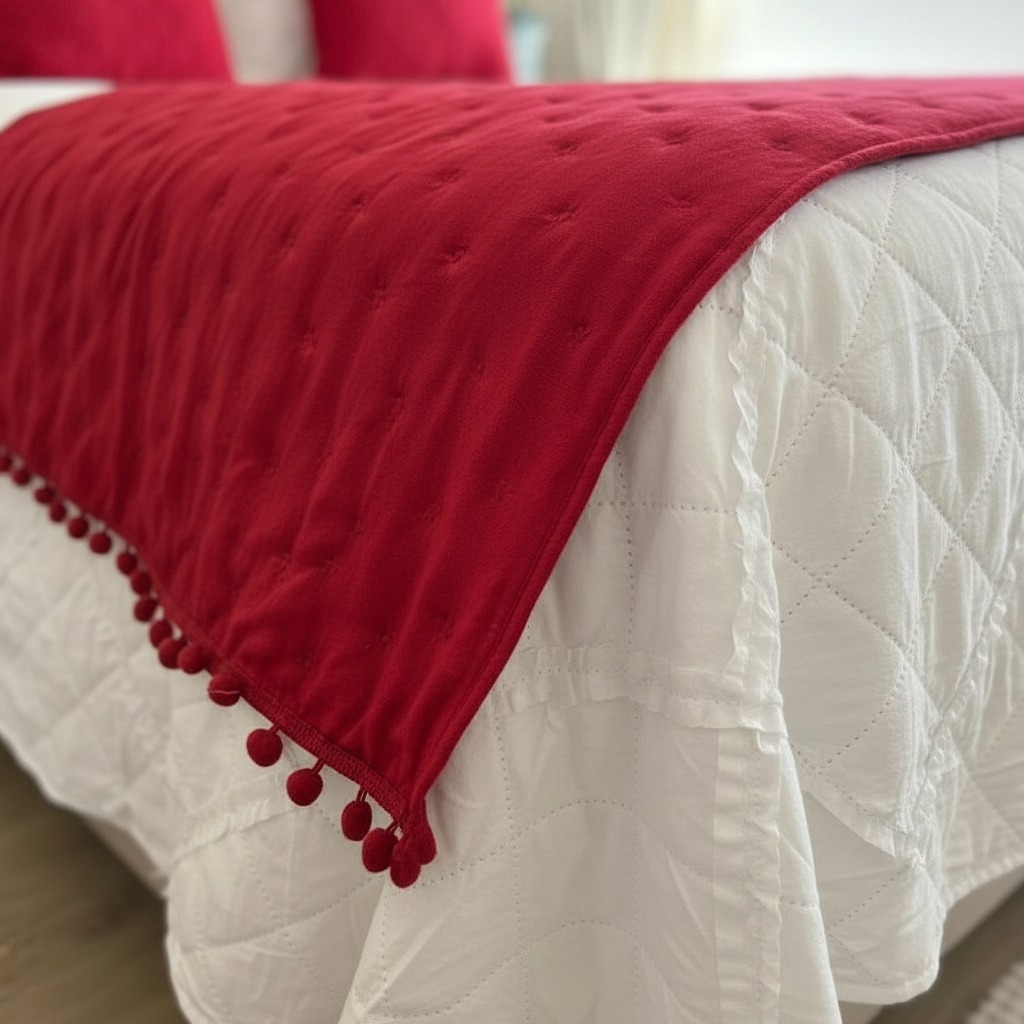 SET PIECERA DE ALGODON CON POMPONES + 2 COJINES DECORATIVOS - ROJO - 2