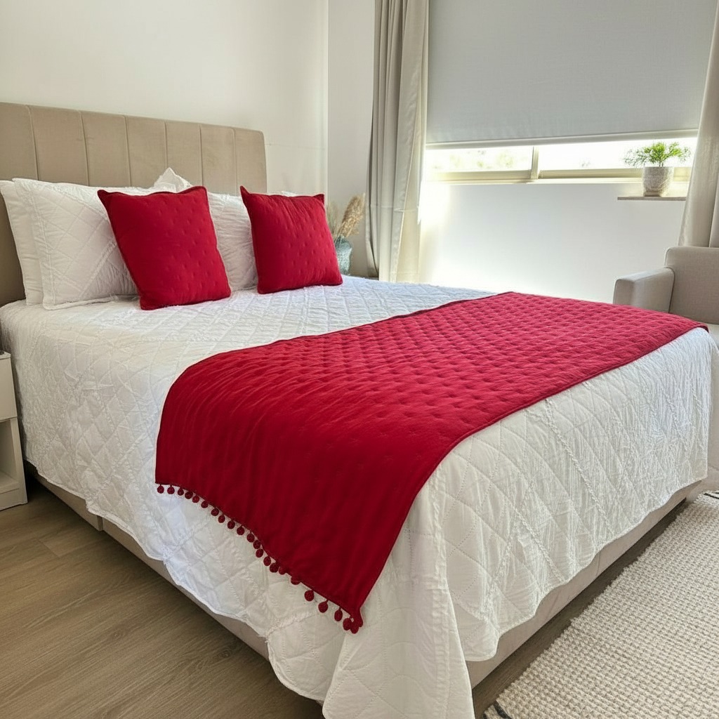 SET PIECERA DE ALGODON CON POMPONES + 2 COJINES DECORATIVOS - ROJO - 4