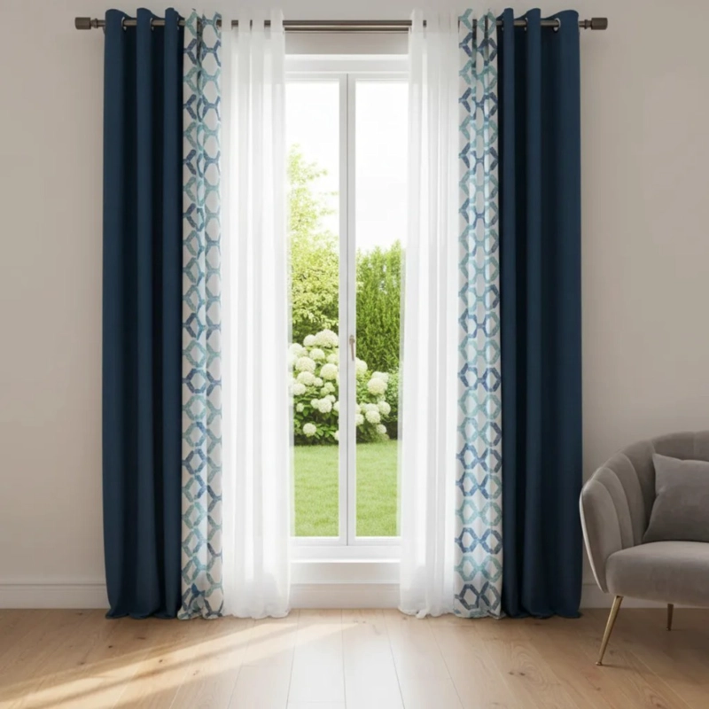 SET DE CORTINAS LINO COMBINADAS AZUL + VISILLOS 4 PAÑOS - 1