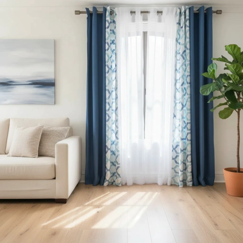 SET DE CORTINAS LINO COMBINADAS AZUL + VISILLOS 4 PAÑOS - 2