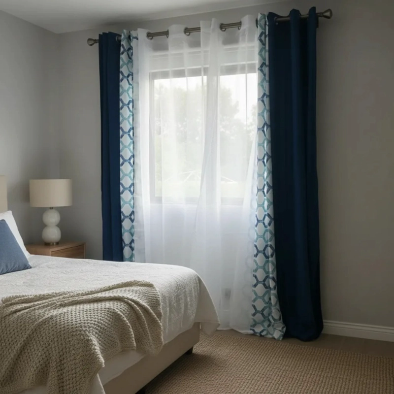 SET DE CORTINAS LINO COMBINADAS AZUL + VISILLOS 4 PAÑOS - 3