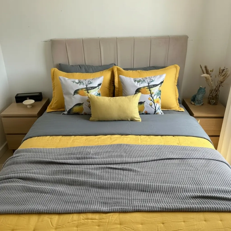 SET ROPA DE CAMA GRIS MOSTAZA 6 PIEZAS ALGODON + CHENILLE KING