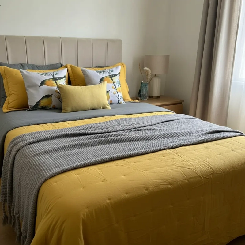 SET ROPA DE CAMA GRIS MOSTAZA 6 PIEZAS ALGODON + CHENILLE KING - 3