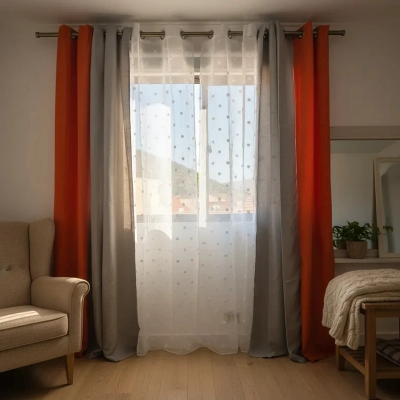 SET DE CORTINAS LINO COMBINADAS NARANJO + VISILLOS 4 PAÑOS - 2