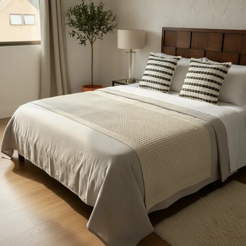 SET PIECERA TEJIDA BEIGE + 2 FUNDAS DE COJIN 45 × 45 CM - 4